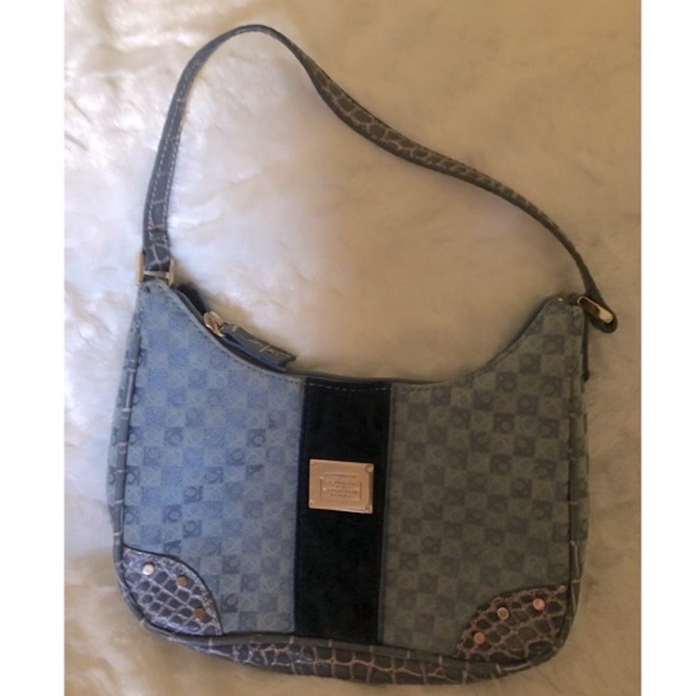 Liz Claiborne Vintage 90s Small Blue Hobo Handbag with LC Monogram